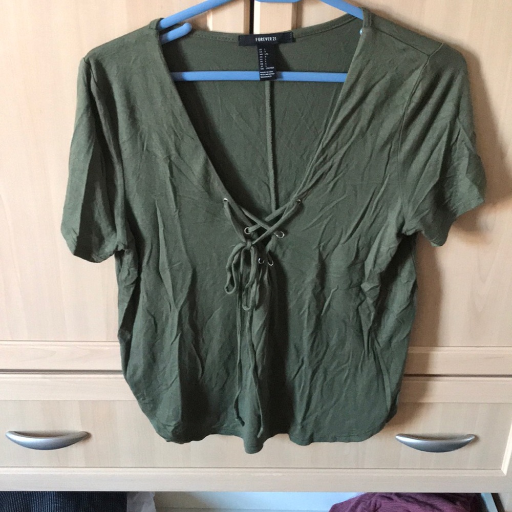 Forever 21 olive green tie up shirt
